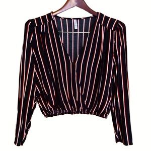 2016 Mock Wrap Deep V Neck Striped Blouse Black Rust White M